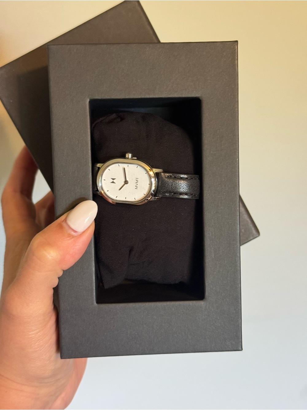 MVMT Oval Silver Case Watch with Black Leather Strap and White Dial